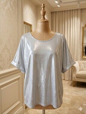 Metallic Shimmer Rolled Sleeve Top Size 5XL Plus Size Glam Blouse